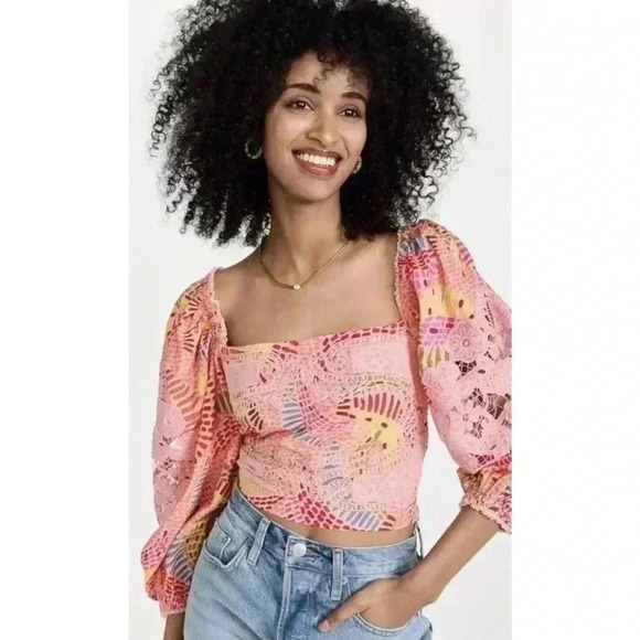 Farm Rio Anthropologie Embroidered Tropical Blouse Bananas L Long Sleeve Shirt - Picture 7 of 9